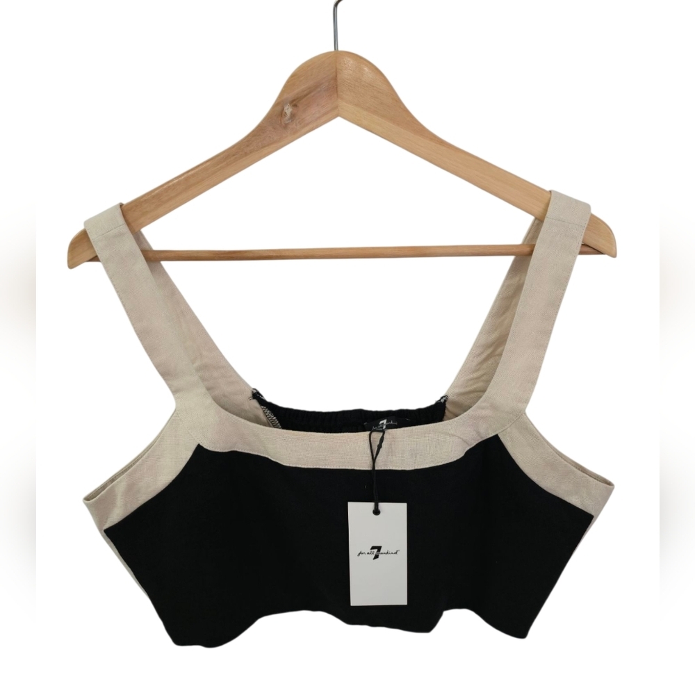 NWT 7 For All Mankind Linen Blend Color Block Crop Top Beige Black Size Large